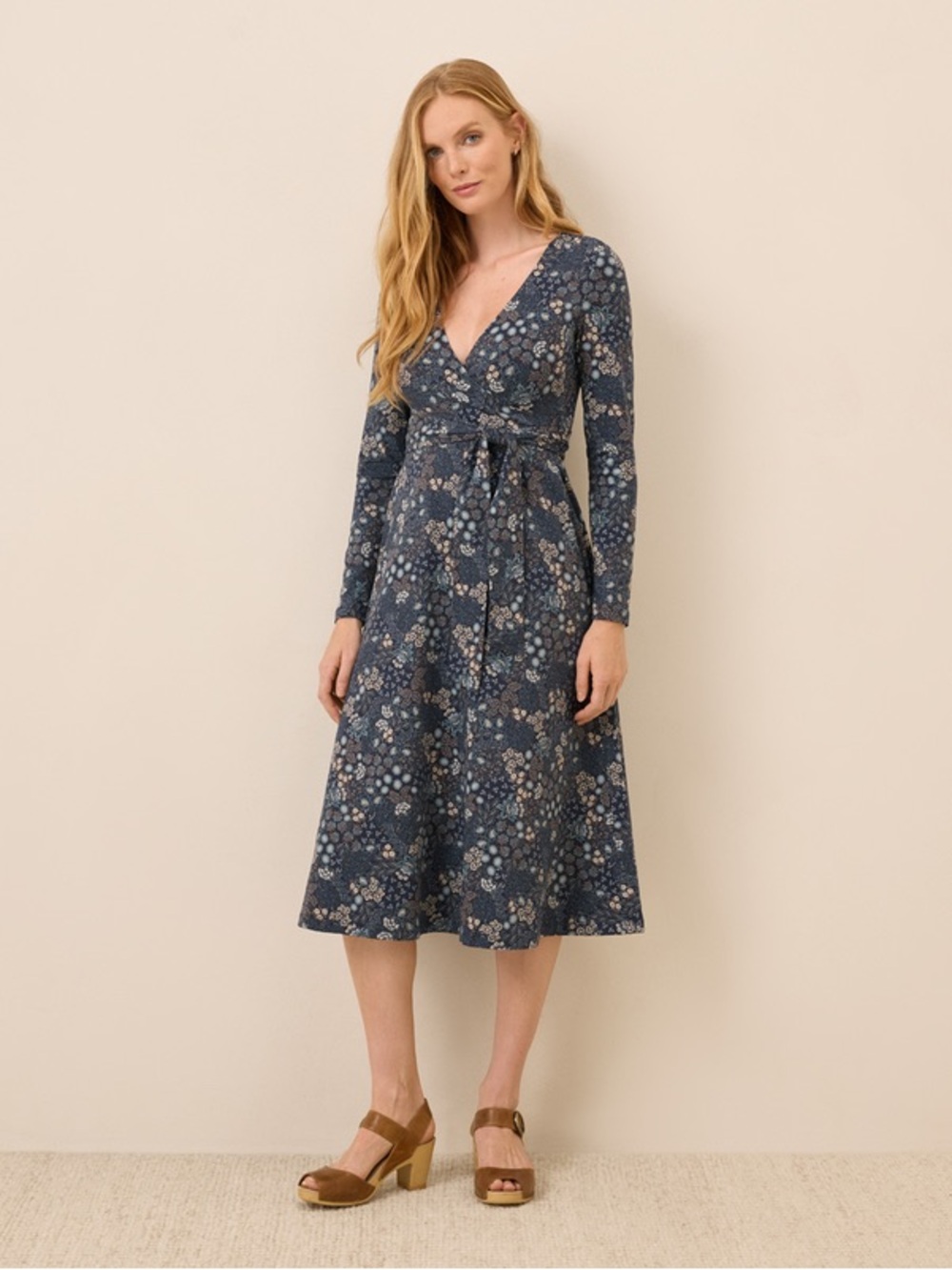 Pact blue floral fit and flare tie waist faux wrap dress womens XL midi